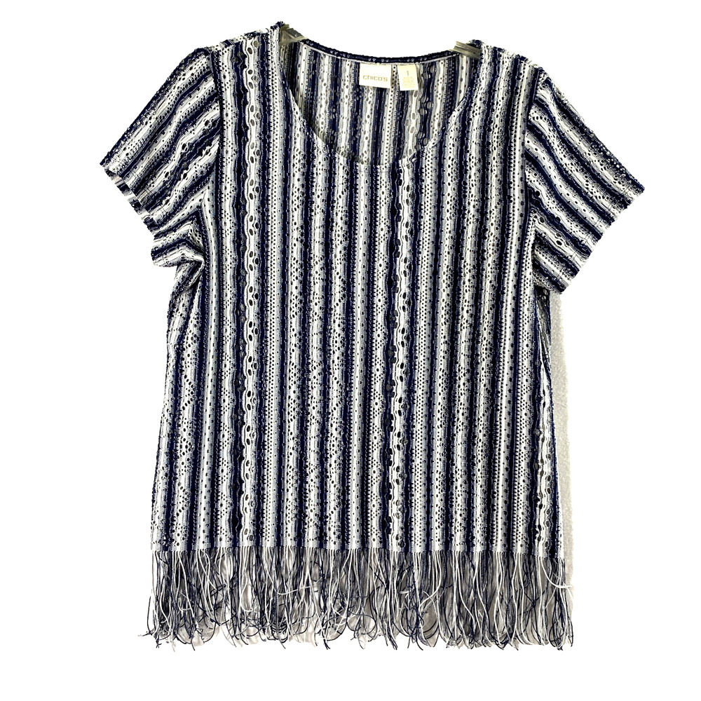Chicos Mesh Top Womens‎ Small Navy Blue White Stripe Fringe Eyelet Swim Coverup